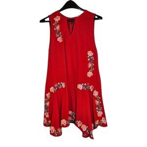 Umgee Womens Red Floral Embroidered Shift Dress Asymmetric Hem Boho Festival Sm